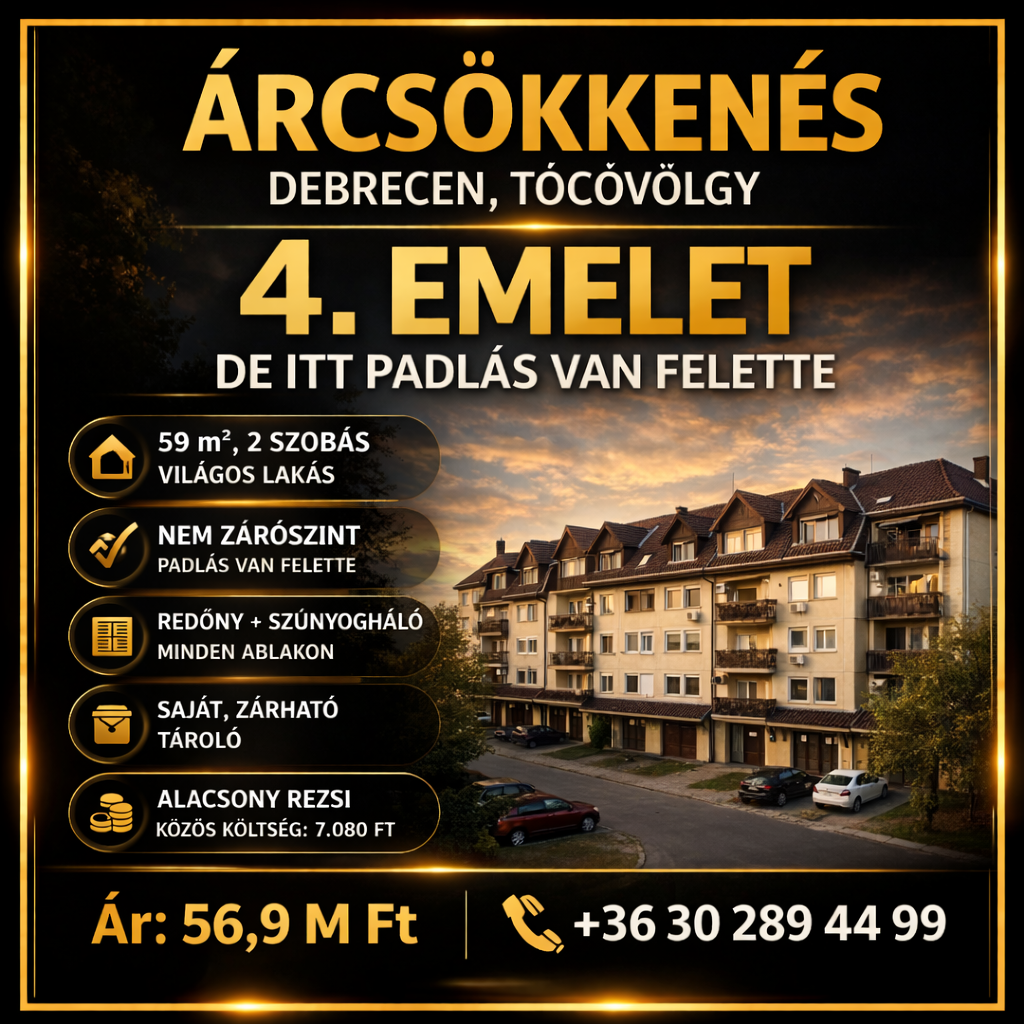 Debrecenben, Tócóvölgyben 59 m² -es, 2 szobás lakás eladó!